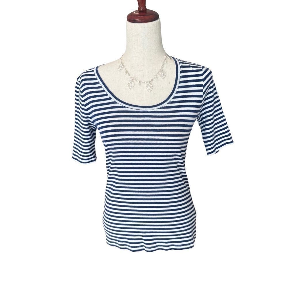 Banana Republic Women's Short Sleeve Top Navy Blue - White Pinstripe Small